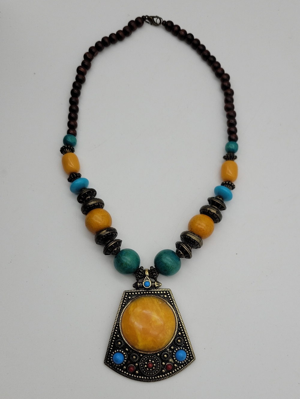 Turquoise & Yellow Beaded Statement Pendant Necklace
